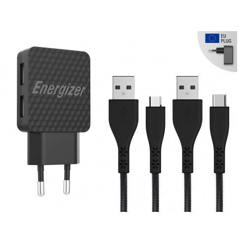 ENERGIZER WALL CHARGER LW 2.4A 2USB EU+USB-C2.0+ MICRO USB CABLE BLACK