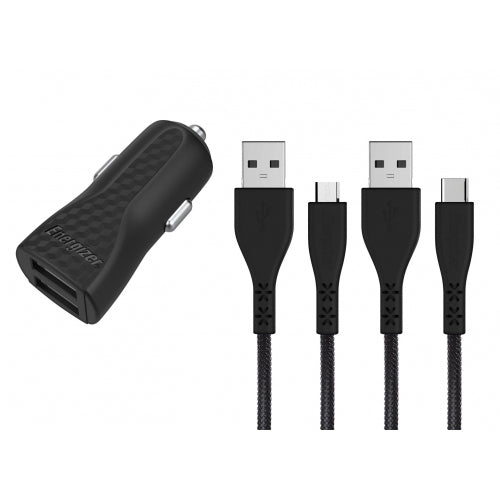 ENERGIZER CAR CHARGER LW 2.4A 2USB+USB-C2.0+MICRO USB CABLE BLACK