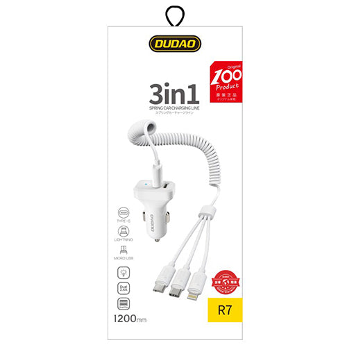 DUDAO CAR KIT CHARGER 2X USB 2.4A + 3IN1 USB CABLE (LIGHTNING / TYPE C / MICRO USB) WHITE