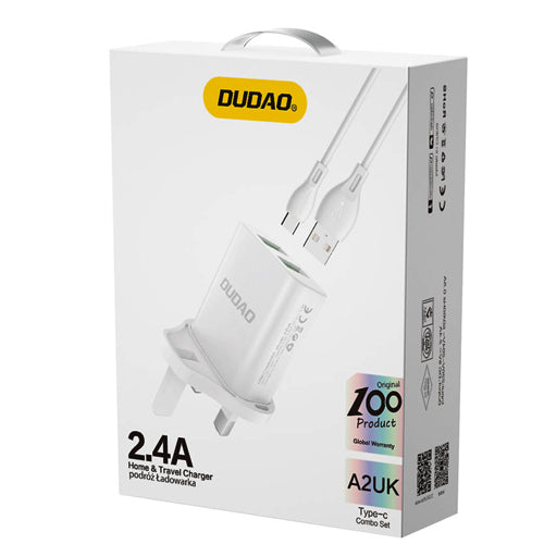CHARGEUR MURAL DUDAO AVEC PRISE UK GRANDE BRETAGNE 2XUSB-A 2.4A BLANC + CÂBLE USB-A - MICROUSB 1M