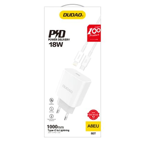DUDAO QUICK CHARGER ADAPTER EU WALL CHARGER USB TYPE C POWER DELIVERY 18W + USB TYPE C / LIGHTNING CHARGING DATA CABLE WHITE A8EU + PD CABLE WHITE