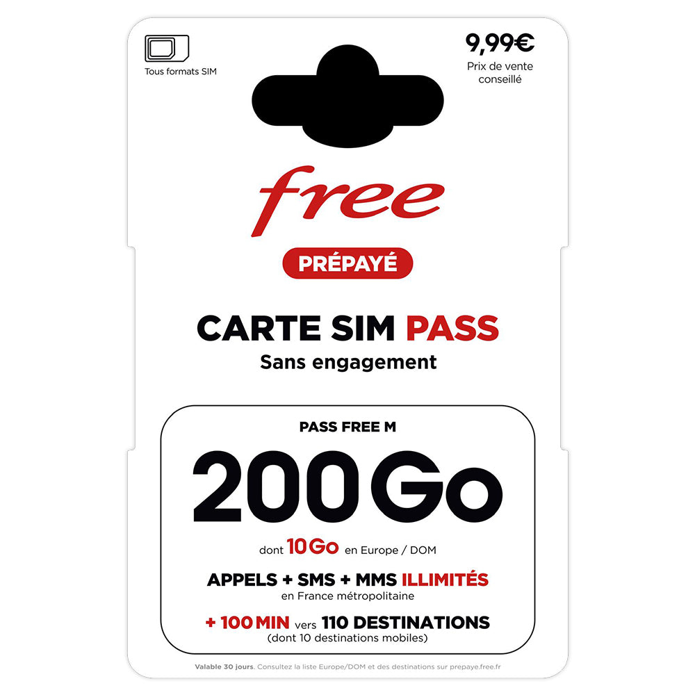 Free Prépayé SIM – 200 Go | Appels, SMS & MMS Illimités | +100 Min Internationaux | Sans Engagement – 9,99€