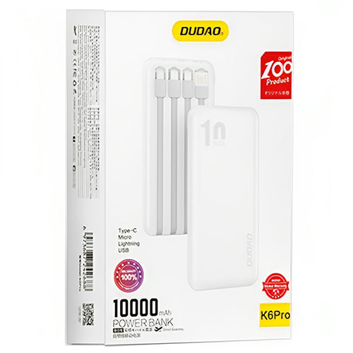 DUDAO K6PRO UNIVERSAL EXTERNAL BATTERY 10000MAH WITH USB CABLE, USB TYPE-C, LIGHTNING K6PRO-WHITE