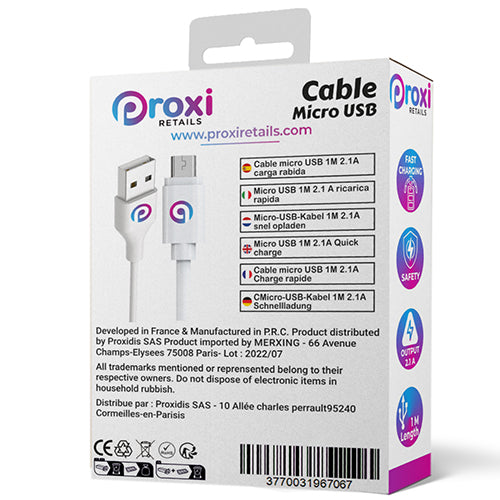MICRO USB CABLE 1M 2A PROXI RETAILS