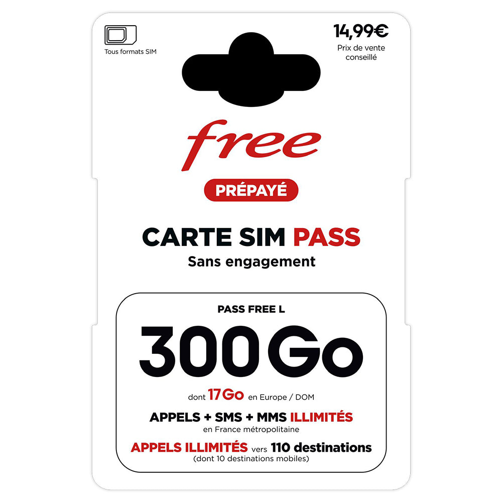 Free Prépayé SIM – 300 Go | Appels, SMS & MMS Illimités | Sans Engagement – 14,99€