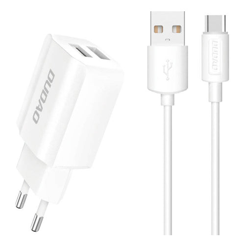 EU MAINS CHARGER 2X USB 5V / 2.4A WITH USB TYPE C CABLE WHITE A2EU-DUDAO