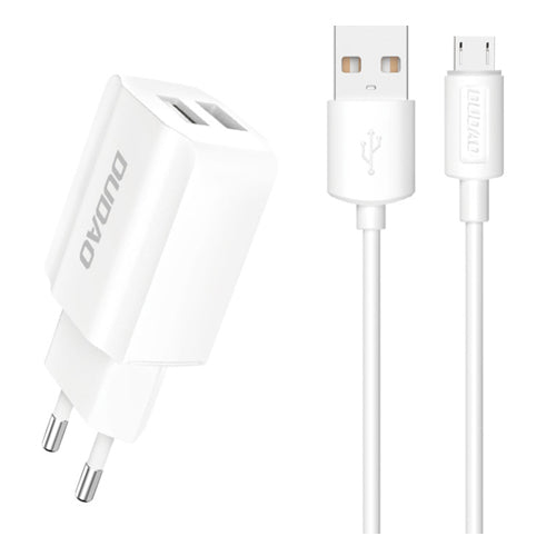EU MAINS CHARGER 2X USB 5V / 2.4A WITH MICRO USB CABLE WHITE A2EU- DUDAO