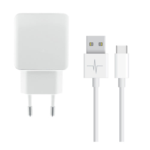 MAINS CHARGER PACK 1 2.1A USB PORT + TYPE-C 2.0 CABLE, WHITE-WAVE