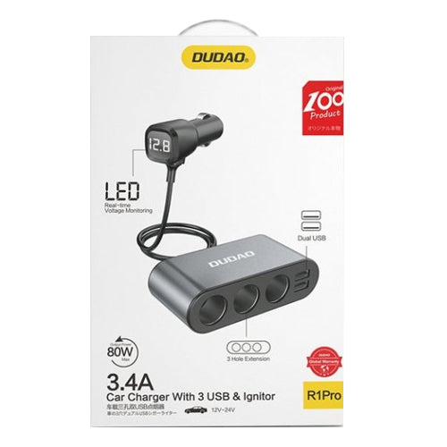 DUDAO CHARGEUR VOITURE 2X USB / 3X PRISE ALLUME-CIGARE RÉPARTITEUR R1PRO NOIR