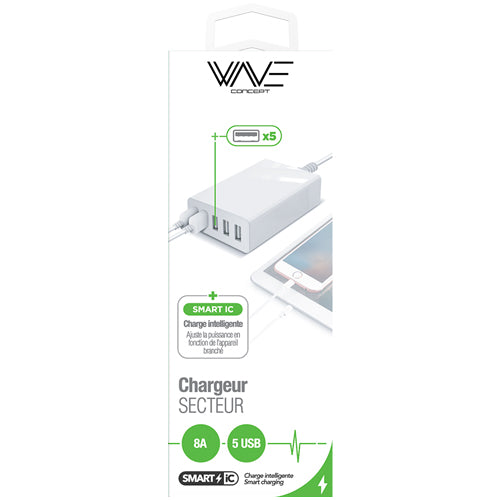MAINS CHARGER - 5 PORTS USB-8A, WHITE-WAVE