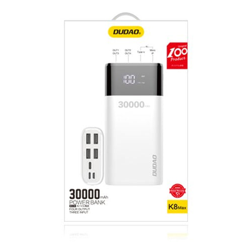 DUDAO POWERBANK 4X USB 30000MAH WITH LCD DISPLAY 3A K8MAX WHITE