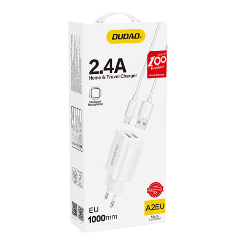 EU MAINS CHARGER 2X USB 5V / 2.4A WITH MICRO USB CABLE WHITE A2EU- DUDAO