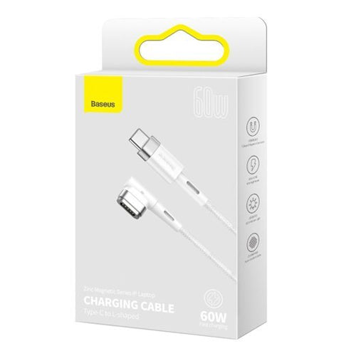 BASEUS ZINC ANGLED MAGNETIC POWER CABLE FOR MACBOOK POWER - USB TYPE-C 60W 2M WHITE L-shaped CATXC-W02