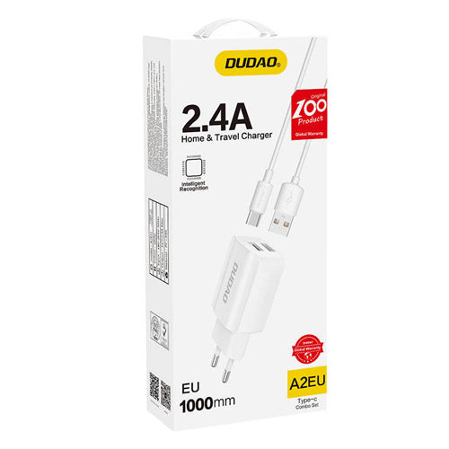 EU MAINS CHARGER 2X USB 5V / 2.4A WITH USB TYPE C CABLE WHITE A2EU-DUDAO
