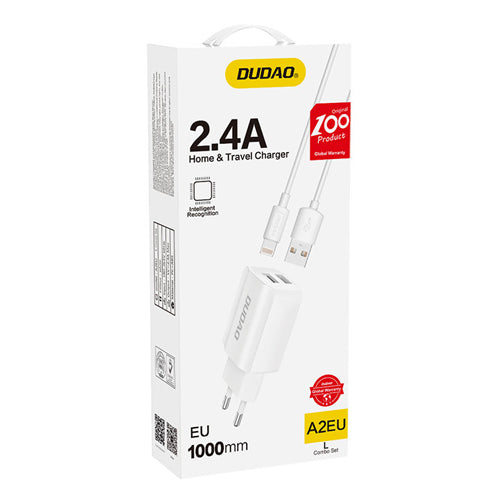 EU MAINS CHARGER 2X USB 5V / 2.4A WITH LIGHTNING CABLE A2EU-DUDAO