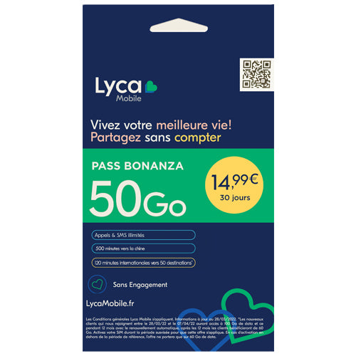 CARTE SIM LYCAMOBILE PASS BONANZA 14.99€