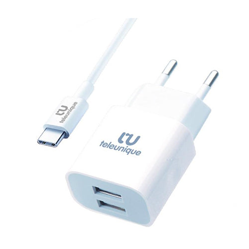 MAINS CHARGER 2 USB PORT QUICK CHARGE 2.1A WITH TELEUNIQUE USB TYPE C CABLE