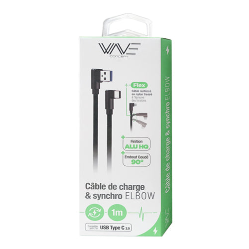 ELBOW USB CABLE LYLON & ALU FINISH, TYPE C 1M, BLACK-WAVE