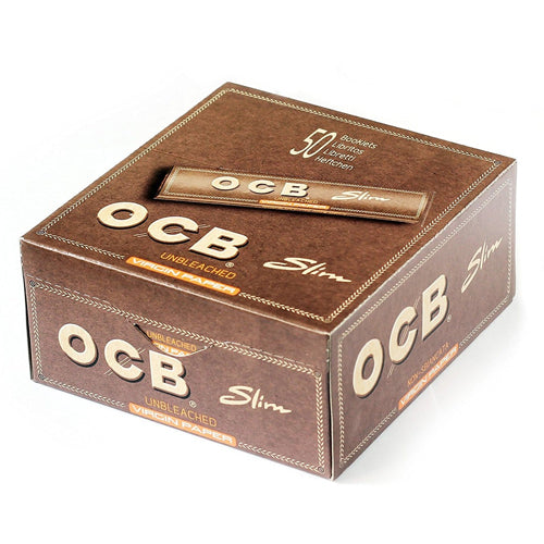 OCB SLIM VIRGIN UNBLEACHED BOX OF 50 ROLLING PAPER BOOKS