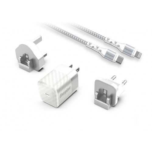 ENERGIZER PD WALL CHARGER 20W EU UK US + WHITE LIGHTNING CABLE