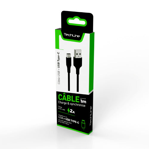 TECH LINE BLACK USB-C 2A DATA CABLE 1 METER