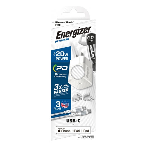 ENERGIZER PD WALL CHARGER 20W EU UK US + WHITE LIGHTNING CABLE