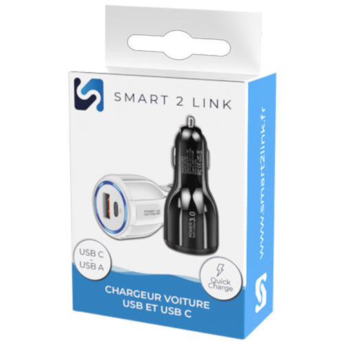 CHARGEUR RAPIDE VOITURE 2 PORTS (USB + TYPE C) SMART 2 LINK