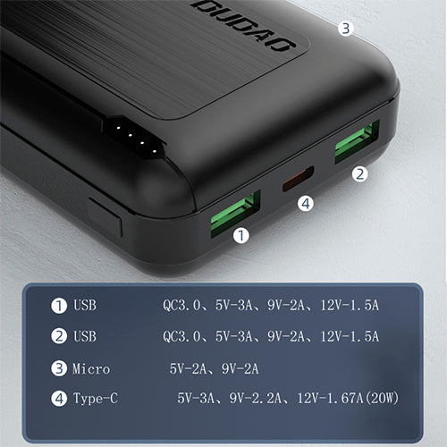 DUDAO POWERBANK 20000 MAH POWER DELIVERY 20 W QUICK CHARGE 3.0 2X USB / USB TYPE C K12PQ - BLACK