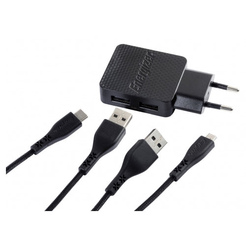 ENERGIZER WALL CHARGER LW 2.4A 2USB EU+USB-C2.0+ MICRO USB CABLE BLACK