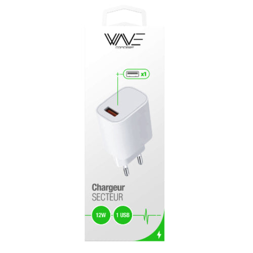 12W MAINS CHARGER - 1 WHITE USB PORT - WAVE