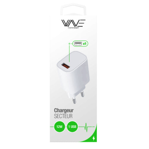 CHARGEUR SECTEUR 12W - 1 PORT USB BLANC - WAVE