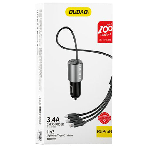 DUDAO 3IN1 CAR CHARGER USB 3 4 A INTEGRATED CABLE LIGHTNING / USB TYPE C / MICRO USB R5PRON