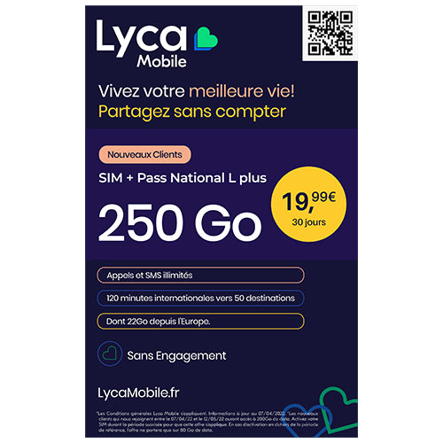 LYCAMOBILE SIM CARD + NATIONAL PASS L PLUS 250GB