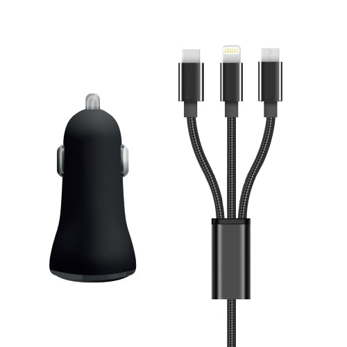 3.4A CIGAR LIGHTER CHARGER PACK + 3 IN 1 BLACK NYLON CABLE - WAVE