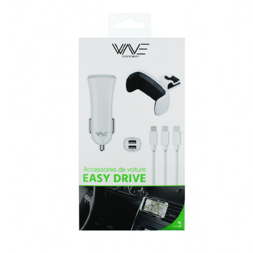 PACK EASY DRIVE, SUPPORT VOITURE AERO CAR + CABLE 3-EN-1 +CHARGEUR VOITURE 2 PORT USB 3.1A - WAVE