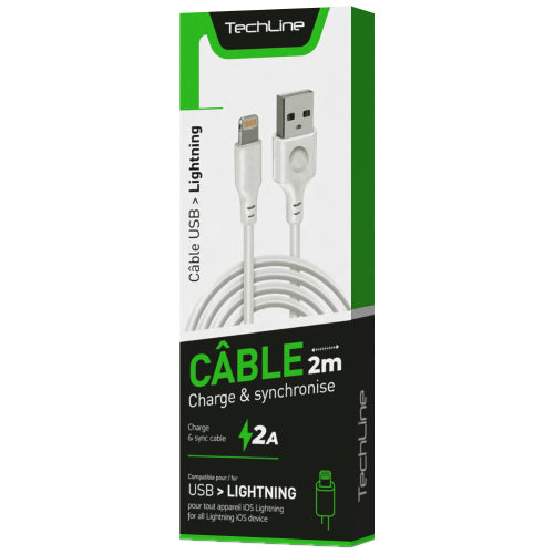 DATA LIGHTNING CABLE 2A 2 METERS TECH LINE WHITE