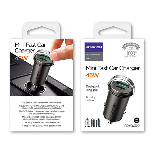 JOYROOM USB TYPE C / USB FAST CAR CHARGER 45 W 5 A POWER DELIVERY QUICK CHARGE 3.0 AFC SCP GRAY C-A35