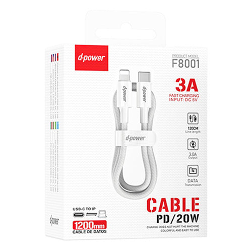 D-Power Cable PD Lightning to Type-C Nylon White 1.2M F8001