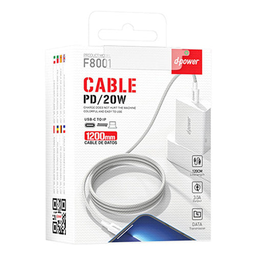 D-Power Cable PD Lightning to Type-C Nylon White 1.2M F8001