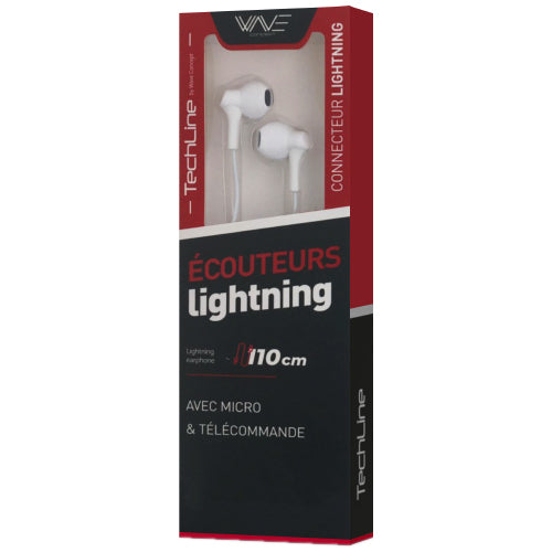 ECOUTEURS FILAIRE TECH LINE LIGHTNING AVEC MODE BLUETOOTH, BLANC-WAVE