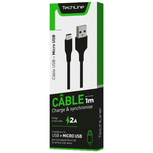 CABLE DATA MICRO USB 2A 1 METRE TECH LINE NOIR