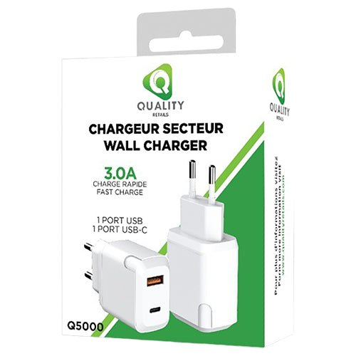 CHARGEUR SECTEUR 1 PORT USB ET 1 PORT USB C 3A Q5000 QUALITY RETAILS