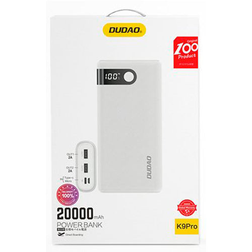 DUDAO POWERBANK 20000 MAH 2X USB / USB TYPE C / MICRO USB 2 A WITH WHITE LED SCREEN K9PRO-05