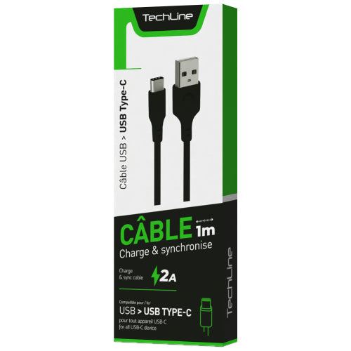 TECH LINE BLACK USB-C 2A DATA CABLE 1 METER