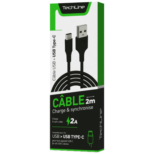 CABLE DATA USB-C 2A 2 METRES TECH LINE NOIR
