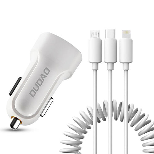 DUDAO CAR KIT CHARGER 2X USB 2.4A + 3IN1 USB CABLE (LIGHTNING / TYPE C / MICRO USB) WHITE