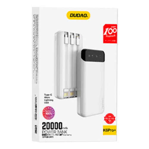 SPACIOUS DUDAO WITH 3 INTEGRATED CABLES 20000MAH USB TYPE C + MICRO USB + LIGHTNING WHITE K6PRO +
