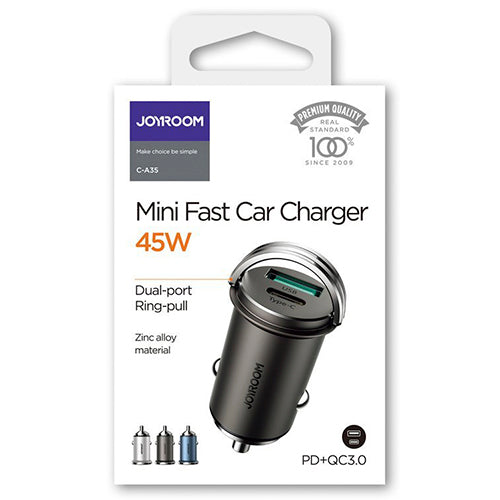 JOYROOM USB TYPE C / USB FAST CAR CHARGER 45 W 5 A POWER DELIVERY QUICK CHARGE 3.0 AFC SCP GRAY C-A35