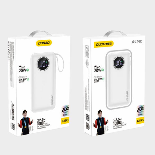 DUDAO 10000MAH USB-A / USB-C 22.5W POWER BANK WITH INTEGRATED LIGHTNING CABLE AND USB-C WHITE K15SW