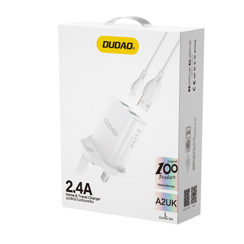 CHARGEUR MURAL DUDAO AVEC PRISE UK GRANDE-BRETAGNE 2XUSB-A 2.4A BLANC